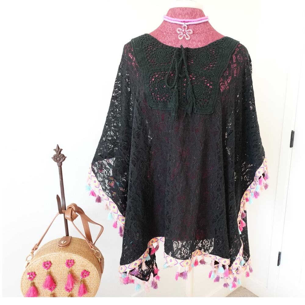 Boutique black lace brightly fringed cruise swim cover up beach attire!